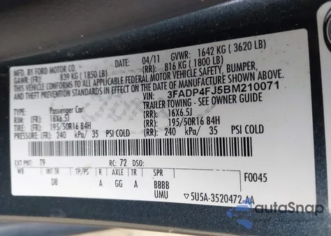 2011 Ford Fiesta Ses z USA, uszkodzony, nr VIN 3FADP4FJ5BM210071